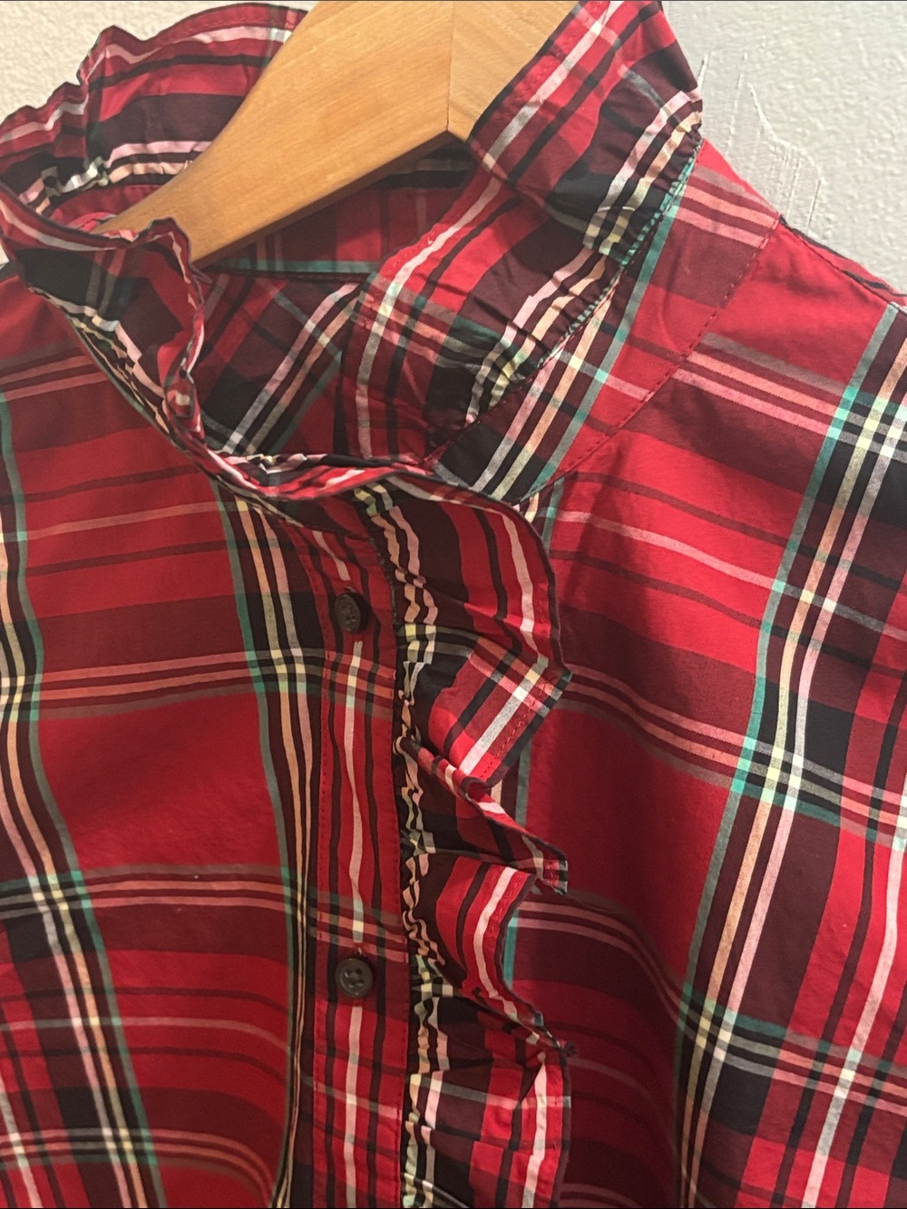 J. Crew Cottage Red Plaid Ruffle-Front Shirt Cotton Poplin Holiday - 10 - Picture 4 of 8